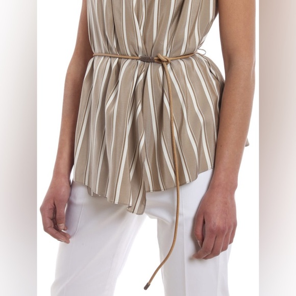BRUNELLO CUCINELLI Striped silk top (open front) w leather belt Dark Beige Small - Picture 5 of 11